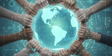 Interconnected hands around a globe symbolizing global health security collaboration