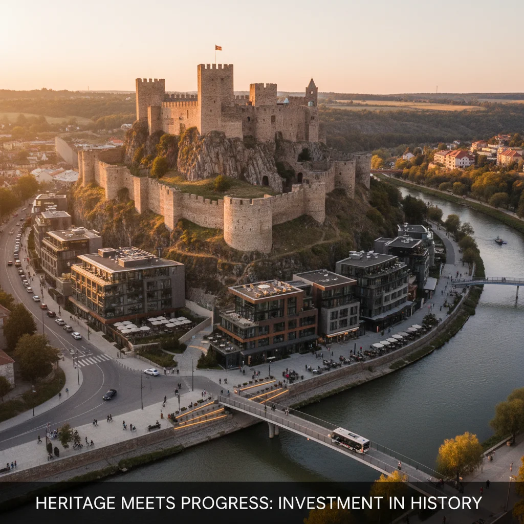 Panoramic view of a well-preserved historical landmark with surrounding modern tourism infrastructure.