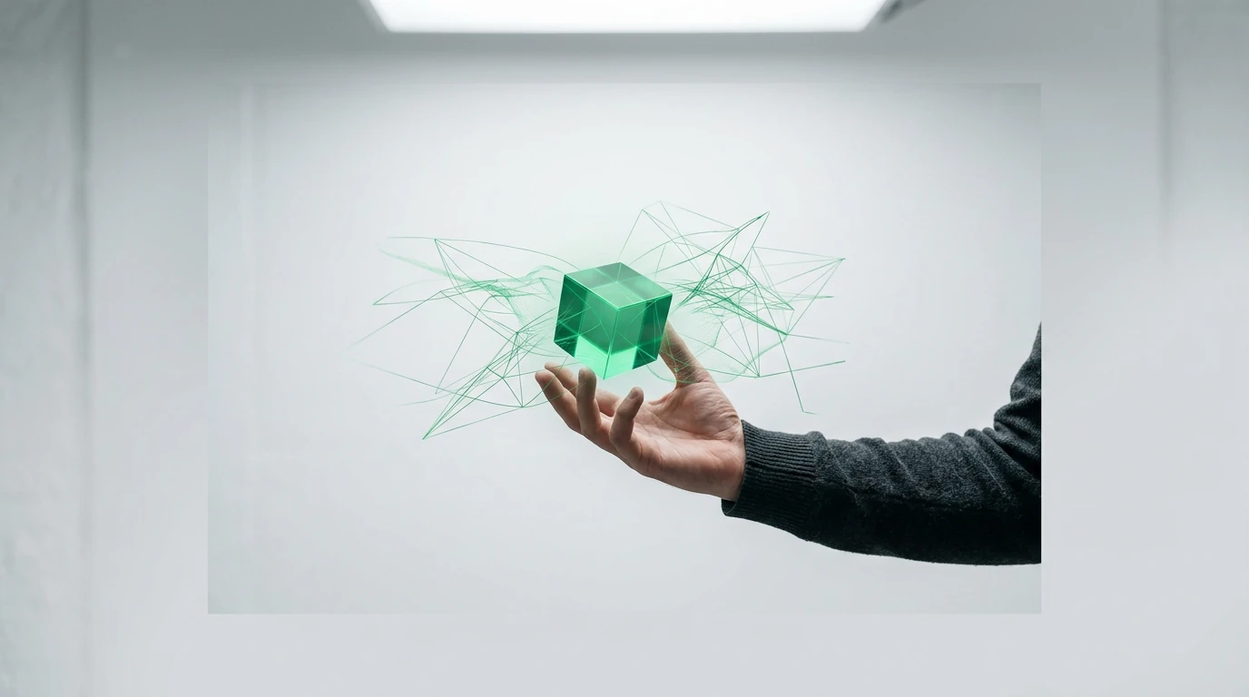 A person's hands engaging with an emerald green holographic projection of intertwined data networks, symbolizing the convergence of AI, 5G, and blockchain.