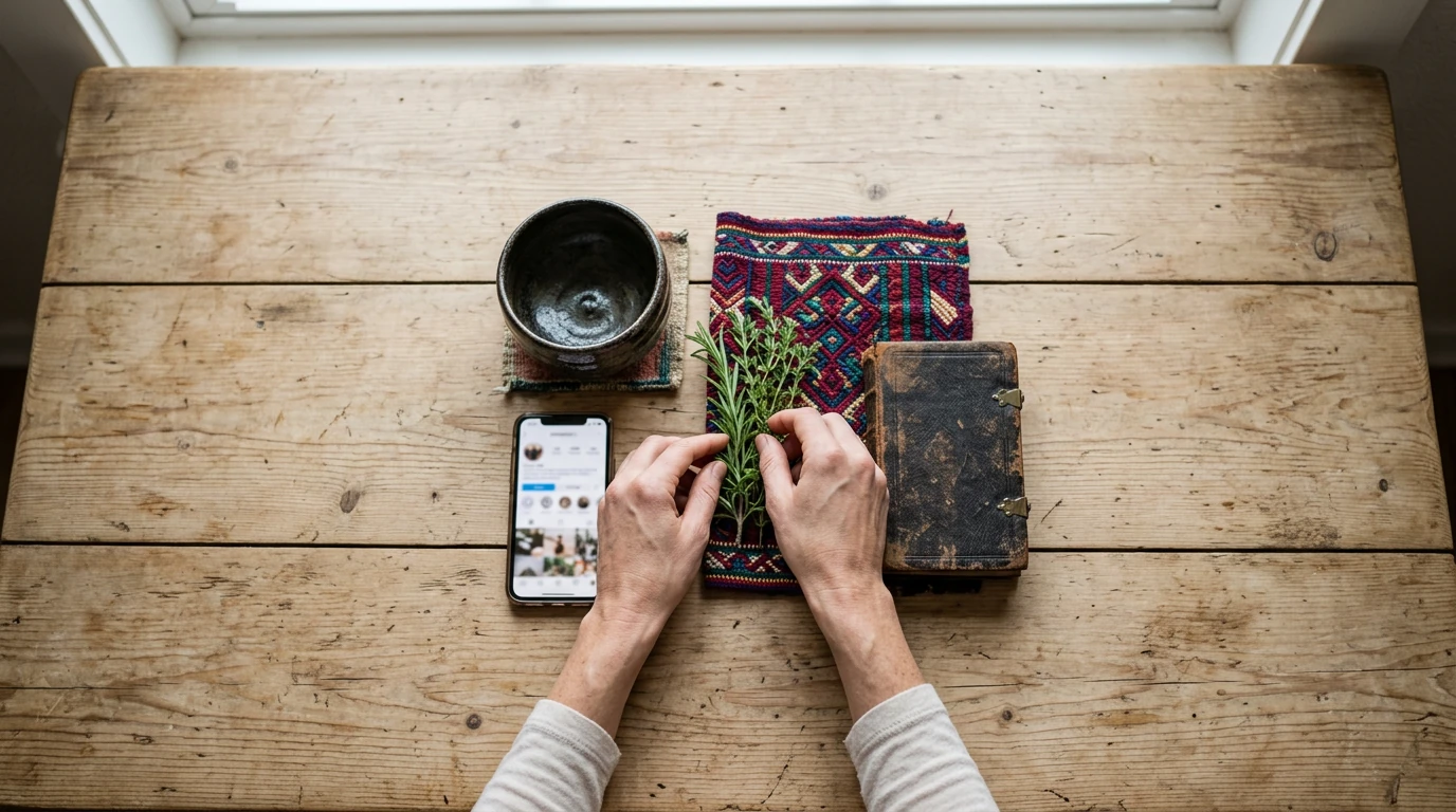 An overhead view of diverse cultural items, including a Japanese tea bowl, a smartphone, a Mexican textile, and a leather book, arranged on a wooden table. A hand places a green herb sprig amidst the artifacts, symbolizing hybrid cultural identities.