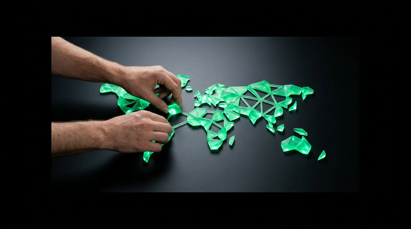 A person's hands arranging glowing green geometric shapes on a matte black surface, forming a network symbolizing global cultural trends.