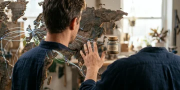 A person observing a tactile, wooden world map, with one hand near a Korean skincare product, symbolizing the interconnectedness of global cultures and daily lifestyles.