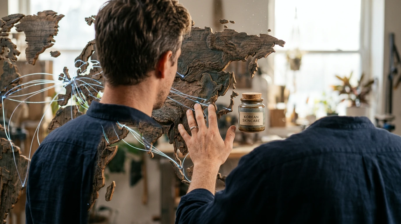 A person observing a tactile, wooden world map, with one hand near a Korean skincare product, symbolizing the interconnectedness of global cultures and daily lifestyles.