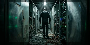 A person navigating a chaotic, wire-strewn path in a dimly lit, industrial server room, illustrating the rush and pitfalls of tech adoption.