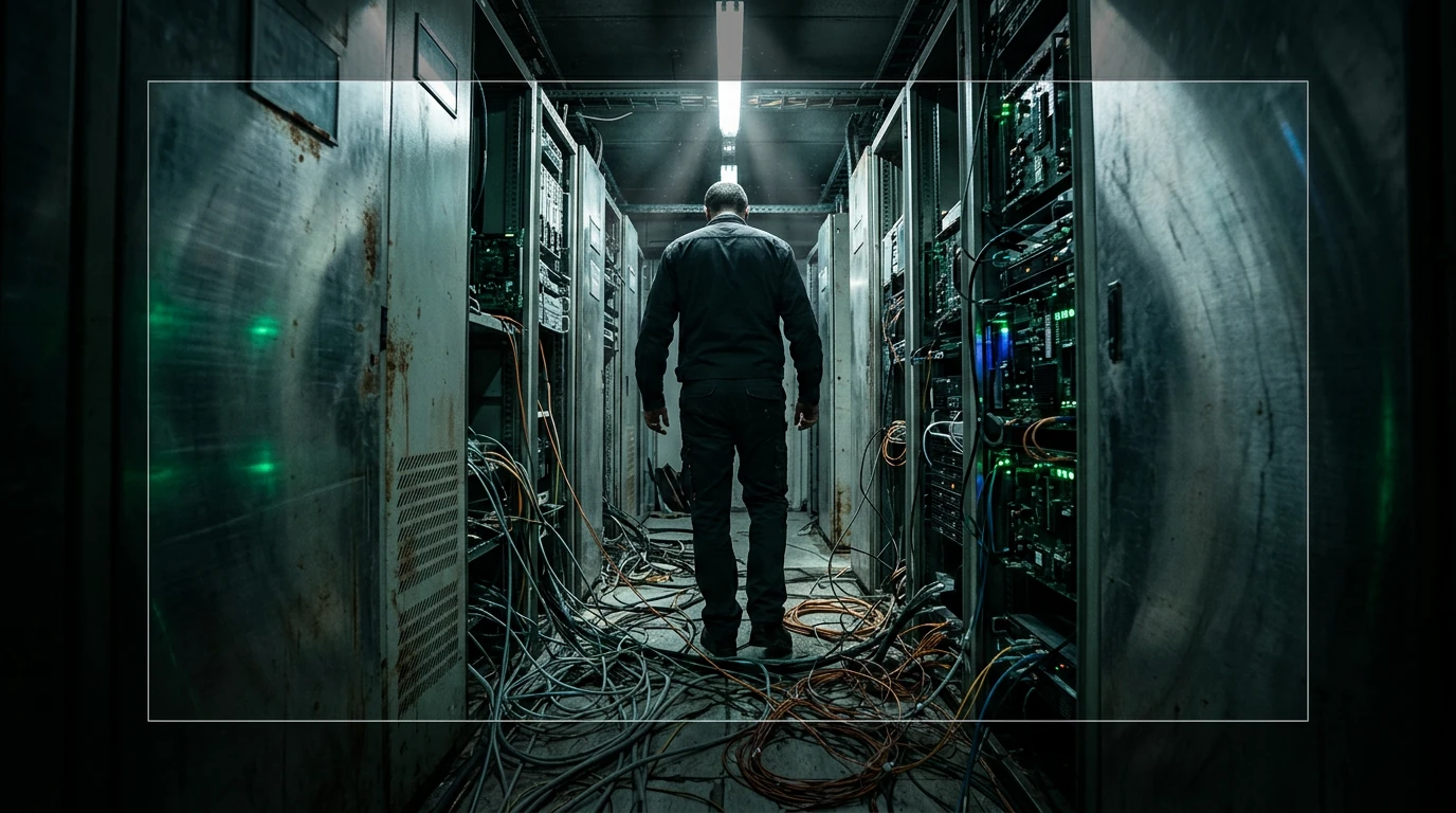A person navigating a chaotic, wire-strewn path in a dimly lit, industrial server room, illustrating the rush and pitfalls of tech adoption.