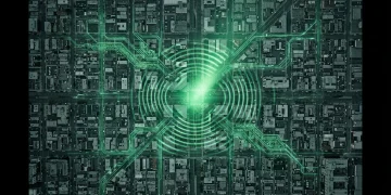 Aerial view of a city grid illuminated by expanding emerald-green cultural patterns, symbolizing global information exchange and spotlight amplification.
