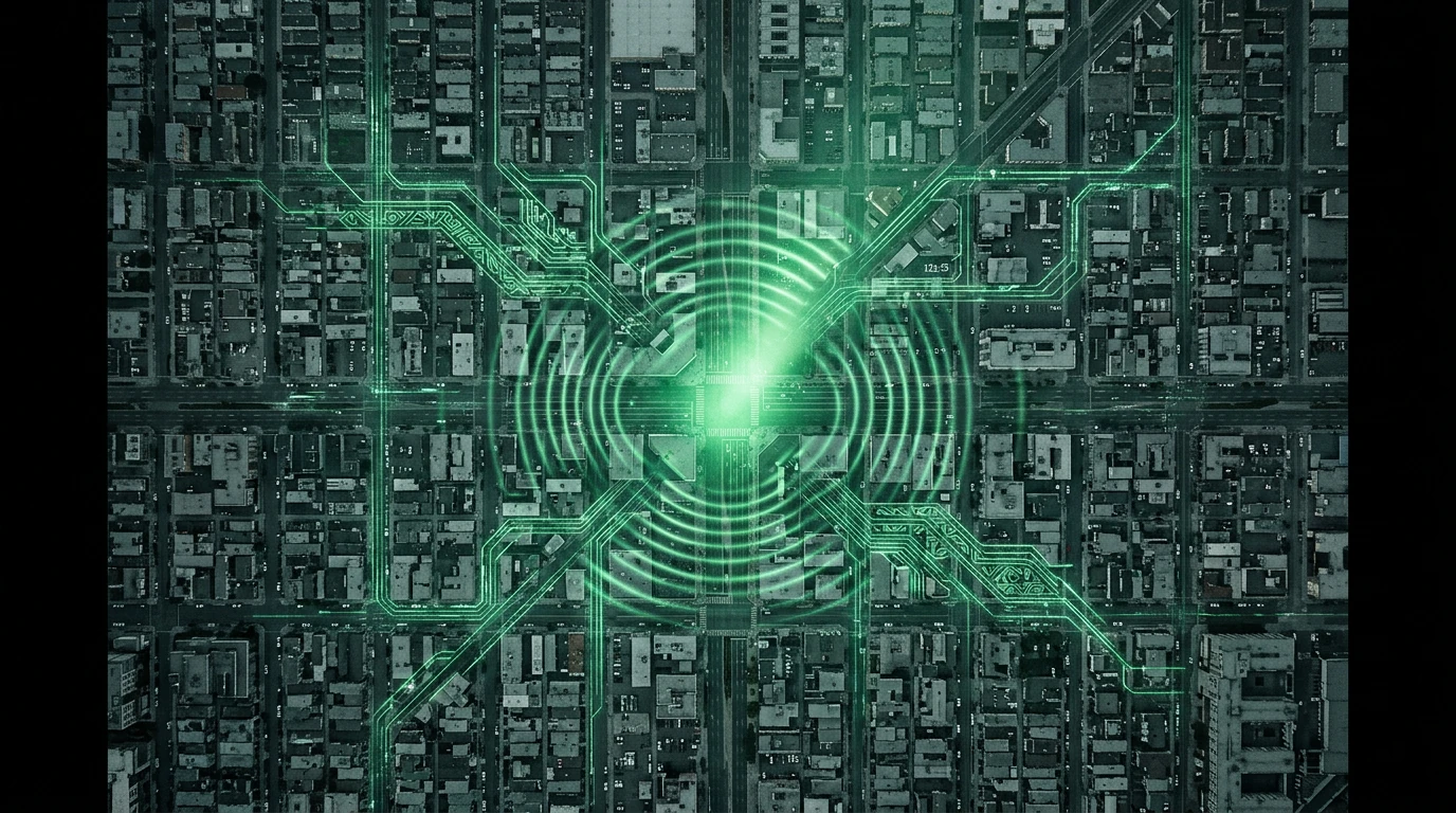 Aerial view of a city grid illuminated by expanding emerald-green cultural patterns, symbolizing global information exchange and spotlight amplification.