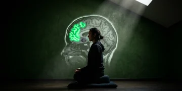 Side view of a person meditating, silhouetted against a glowing green brain scan projection on a dark wall, illustrating mindfulness's impact on neuroplasticity.