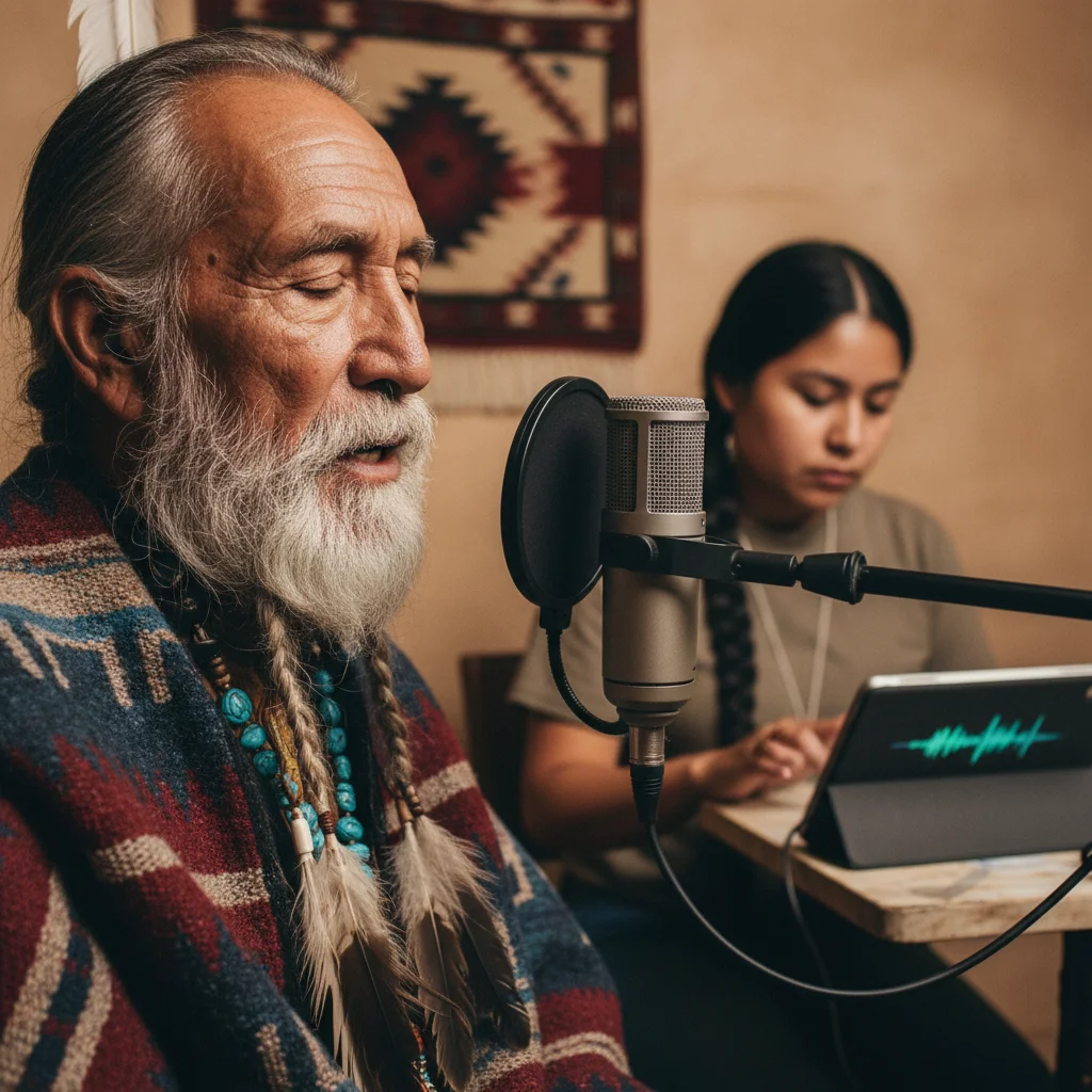 Elder Native American sharing oral traditions being digitally recorded by a younger generation.