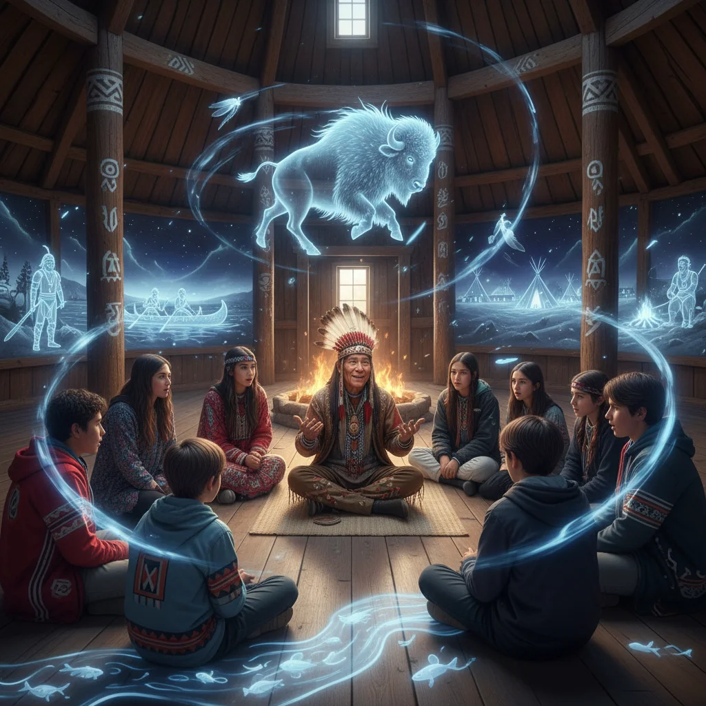 Indigenous elder sharing stories with augmented reality projections.