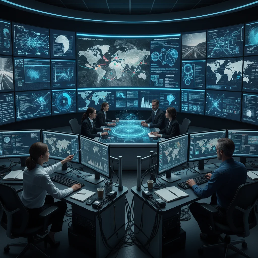 Intelligence analysts collaborating on global threat assessment in a high-tech operations center.