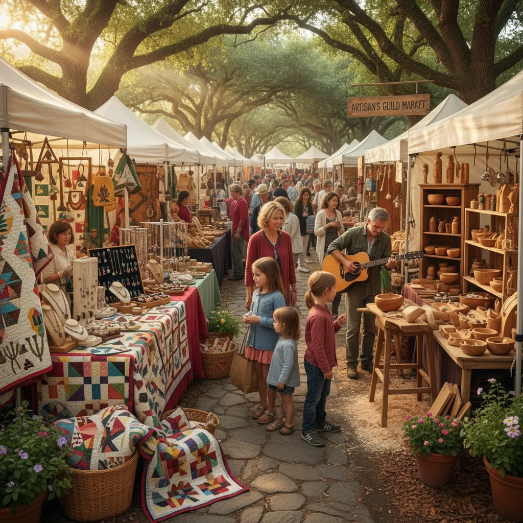 Vibrant outdoor craft market with people browsing handmade goods