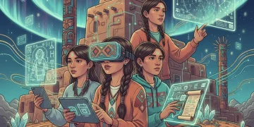 Native American youth engaging with digital storytelling tools, blending traditional art with modern technology.