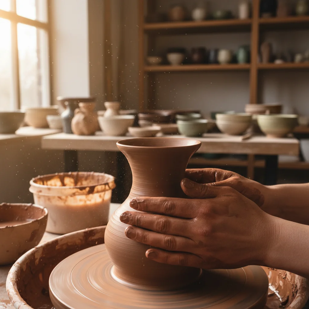 Artisan's hands working on a pottery wheel, shaping clay