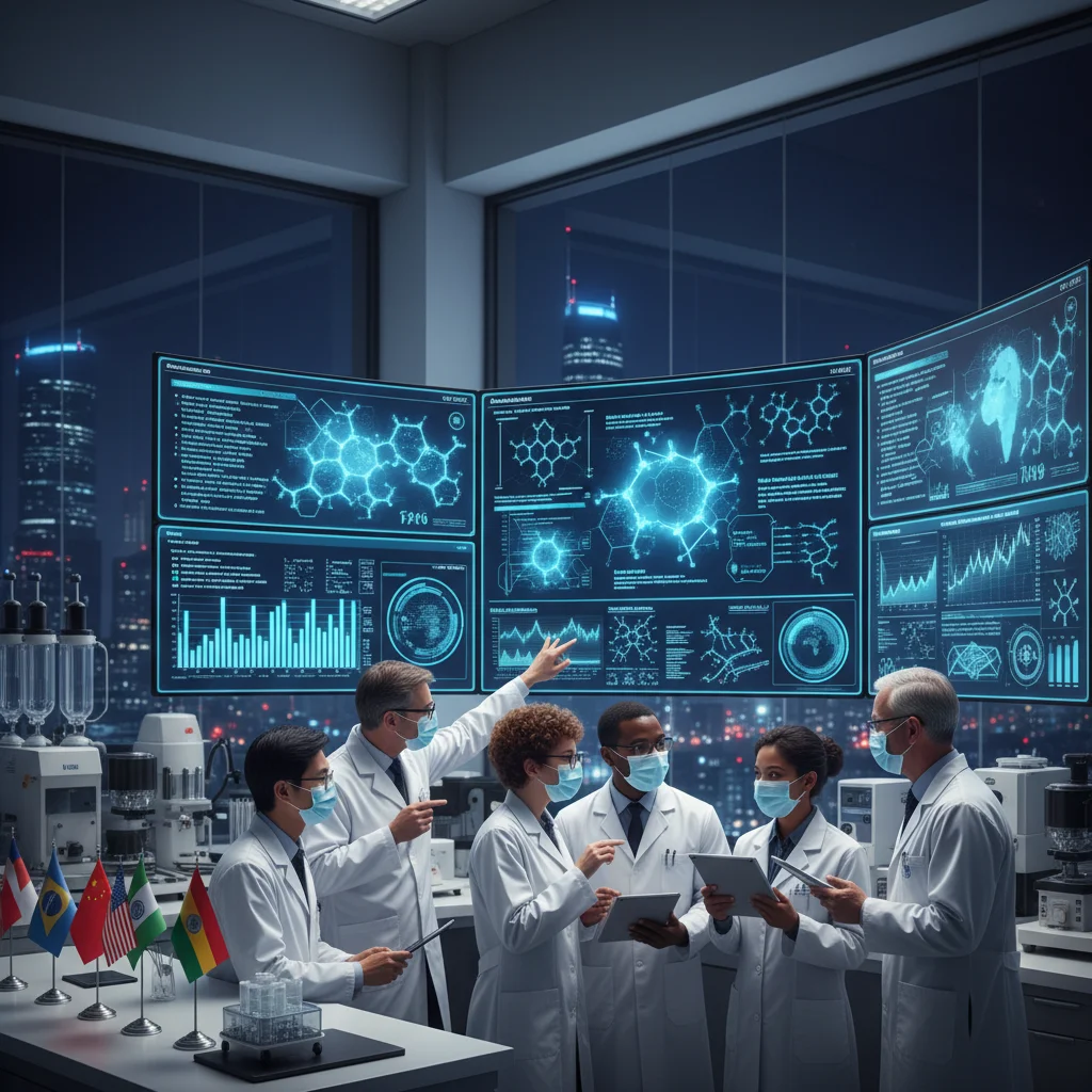 Scientists collaborating on vaccine research in a modern lab