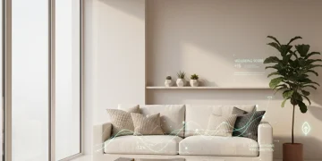 Serene minimalist living room with natural light, plants, and a neutral sofa, symbolizing mindful decluttering and future well-being.