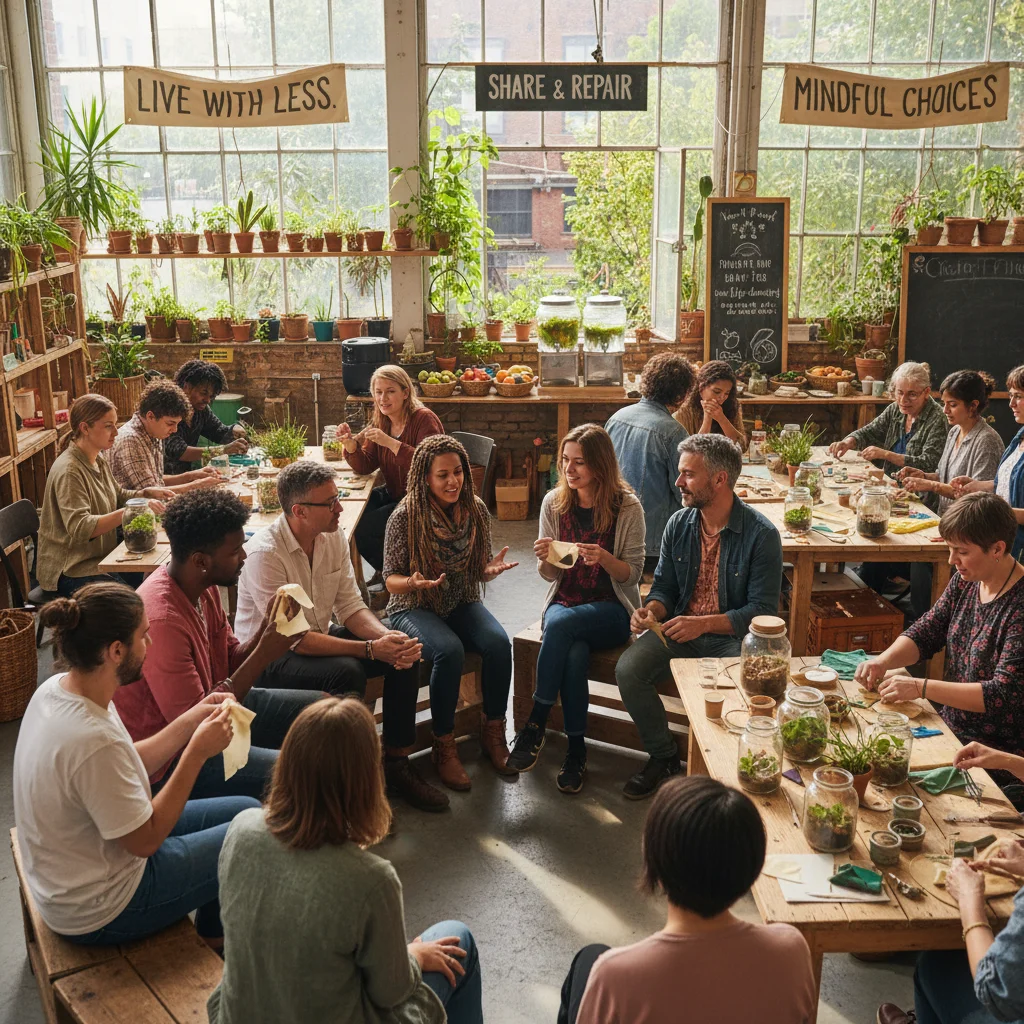 Diverse group in a community workshop on sustainable living, engaged in discussion and hands-on activities.
