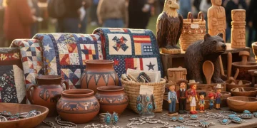 Collection of diverse traditional American crafts at a bustling market