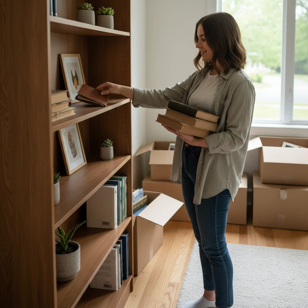 Person thoughtfully organizing a bookshelf, selecting cherished books, in a partially decluttered, calm room.