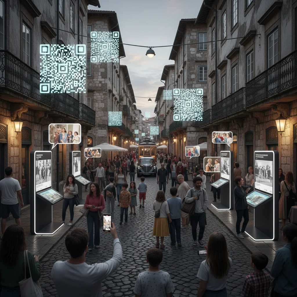 Urban neighborhood with interactive digital kiosks and QR codes.