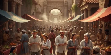 Vibrant ancient city market with tourists and local artisans, depicting cultural tourism's economic boost.