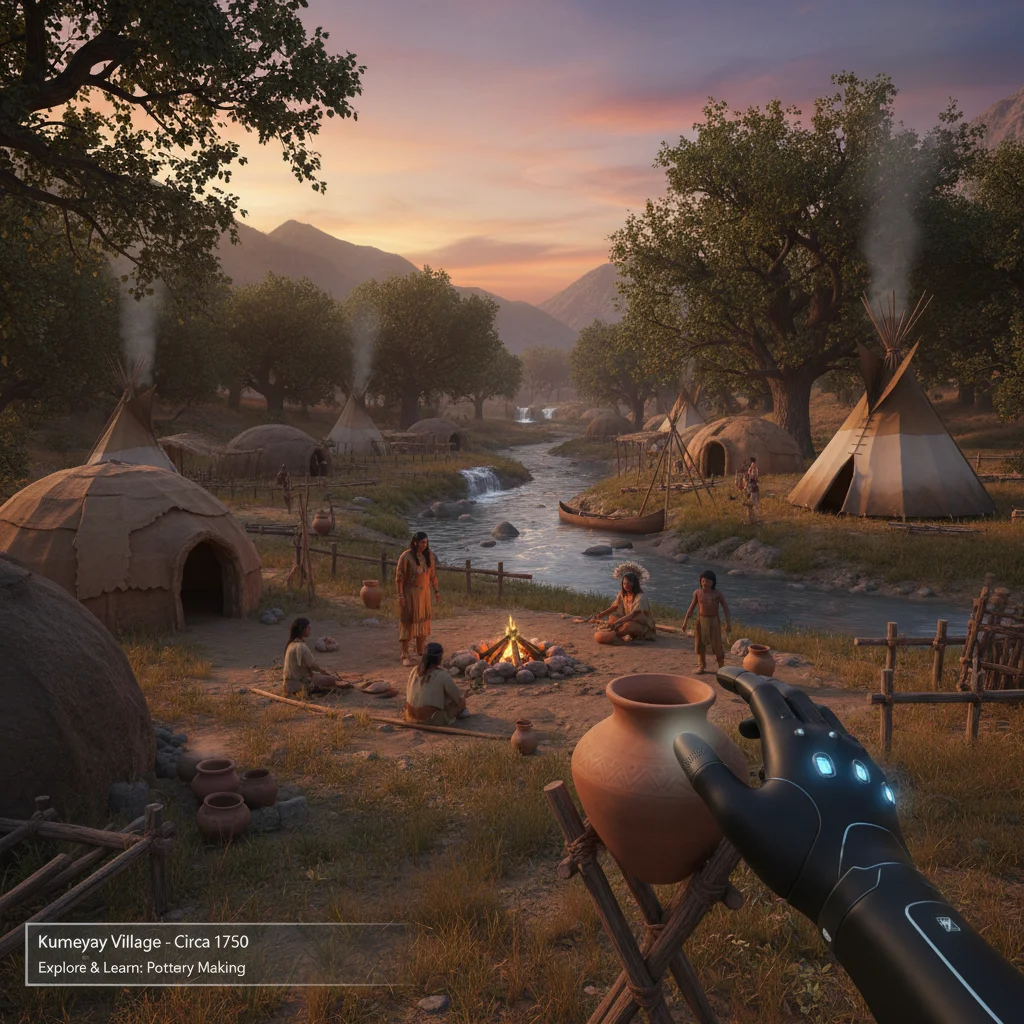 Virtual reality simulation of a historical Native American village for immersive cultural learning.