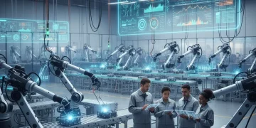 Futuristic manufacturing facility with IoT integration
