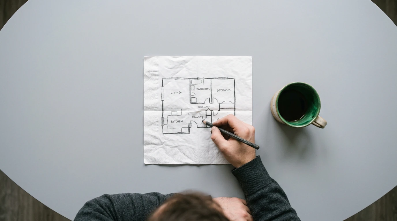 Overhead shot of a person sketching a room layout on a crumpled napkin with a charcoal pencil, a green ceramic mug beside it, illustrating the humble beginnings of a tech innovation.