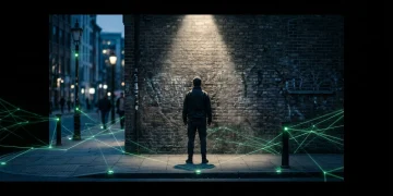 A person standing on a dimly lit urban sidewalk with glowing green lines of light emanating from pavement sensors, representing unseen technological infrastructure impacting daily life.