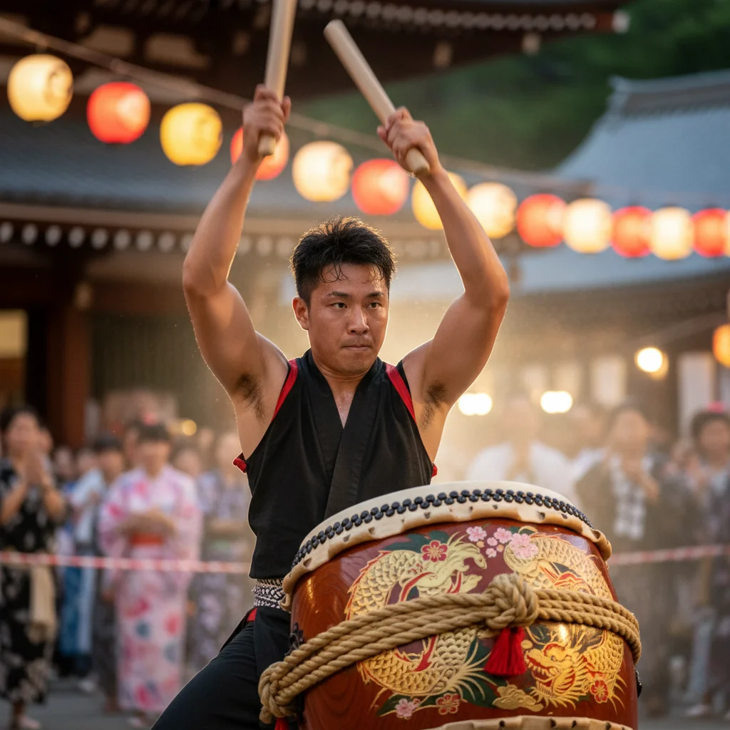 Dynamic Japanese taiko drummer performing at a cultural festival, showcasing traditional music and energy.