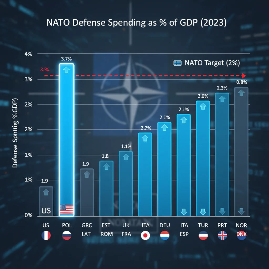 Bar chart showing NATO member defense spending as a percentage of GDP, emphasizing the 2% target.