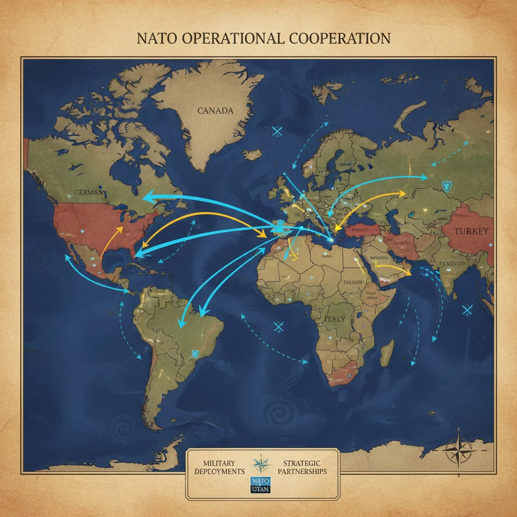 Map illustrating NATO military deployments and strategic partnerships across Europe and North America.