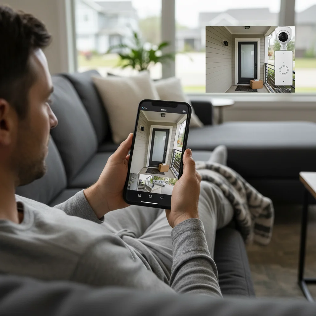 Homeowner remotely monitoring smart home security on smartphone
