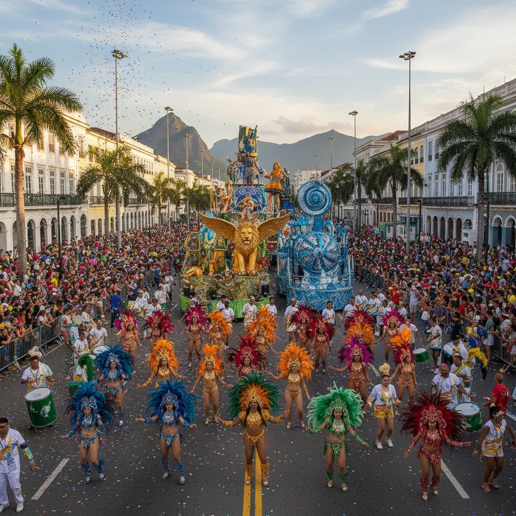 Rio Carnival street parade with colorful samba dancers and decorated floats, capturing the festive atmosphere.